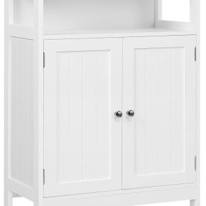 Bathroom Floor Storage ,  Free Standing Storage Organizer with 2 Doors & Adjustable Shelf for Living Room, Hallway, White