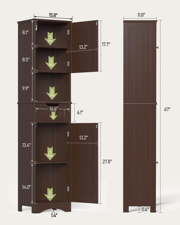 67" H Tall Bathroom Storage ,  Linen Tower Freestanding Adjustable Shelves for Home, Kitchen, Versatile, Anti-Tipping, Dark Brown - Image 3