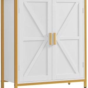Storage ,  Floor  with 2 Doors & 1 Shelf, Storage  with Metal Frame, Buffet , for Living Room, White & Gold