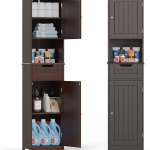 67" H Tall Bathroom Storage ,  Linen Tower Freestanding Adjustable Shelves for Home, Kitchen, Versatile, Anti-Tipping, Dark Brown
