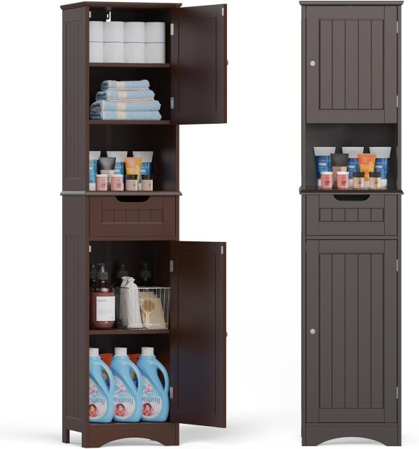 67" H Tall Bathroom Storage ,  Linen Tower Freestanding Adjustable Shelves for Home, Kitchen, Versatile, Anti-Tipping, Dark Brown