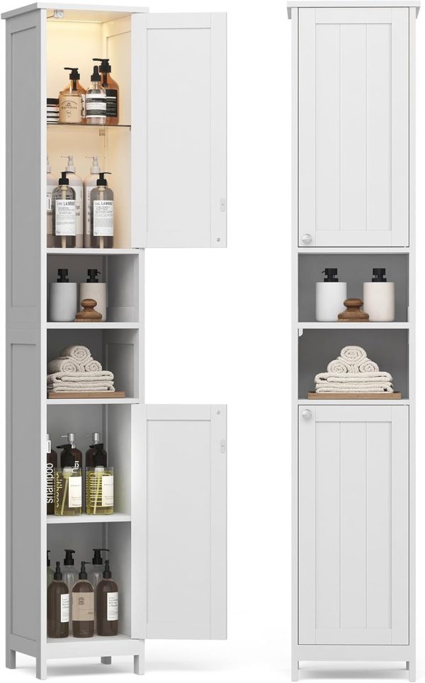 Tall Bathroom  with Lights, Slim Bathroom Storage , Freestanding   with Adjustable Shelves, for Small Spaces, Modern, 11.8 Inches Wide, Cloud White UBBC566W02
