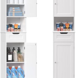 67" H Tall Bathroom Storage ,  Linen Tower Freestanding Adjustable Shelves for Home, Kitchen, Versatile, Anti-Tipping, White