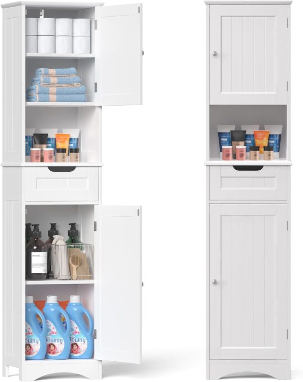 67" H Tall Bathroom Storage ,  Linen Tower Freestanding Adjustable Shelves for Home, Kitchen, Versatile, Anti-Tipping, White