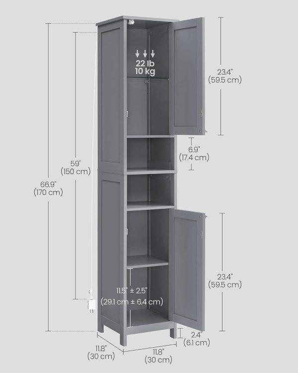Tall Bathroom  with Lights, Slim Bathroom Storage , Freestanding   with Adjustable Shelves, for Small Spaces, Modern, 11.8 Inches Wide, Dove Gray UBBC566G02 - Image 3