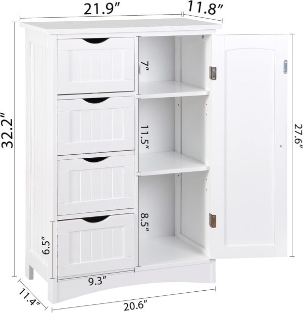 Floor Storage  with 4 Drawers and 1 Door, Freestanding Bathroom Storage , Side Storage Organizer, Entryway Unit Console Table for Bathroom, Living Room, Home Decor, White - Image 3