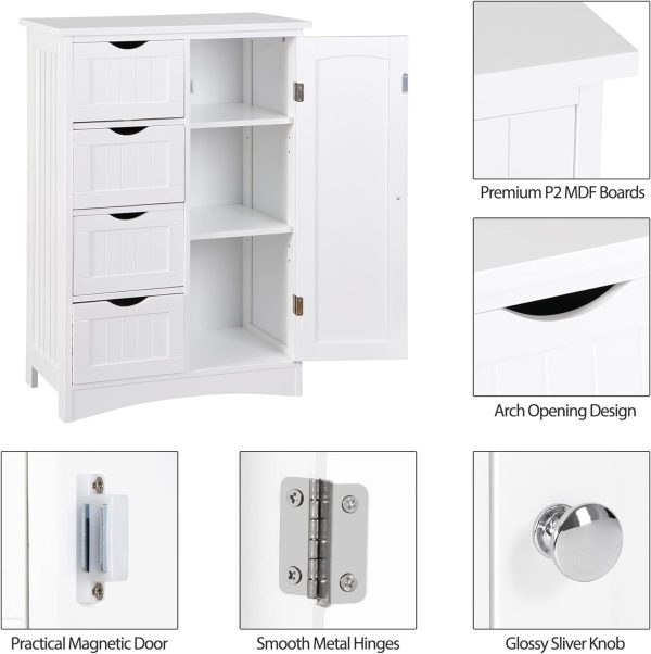 Floor Storage  with 4 Drawers and 1 Door, Freestanding Bathroom Storage , Side Storage Organizer, Entryway Unit Console Table for Bathroom, Living Room, Home Decor, White - Image 5