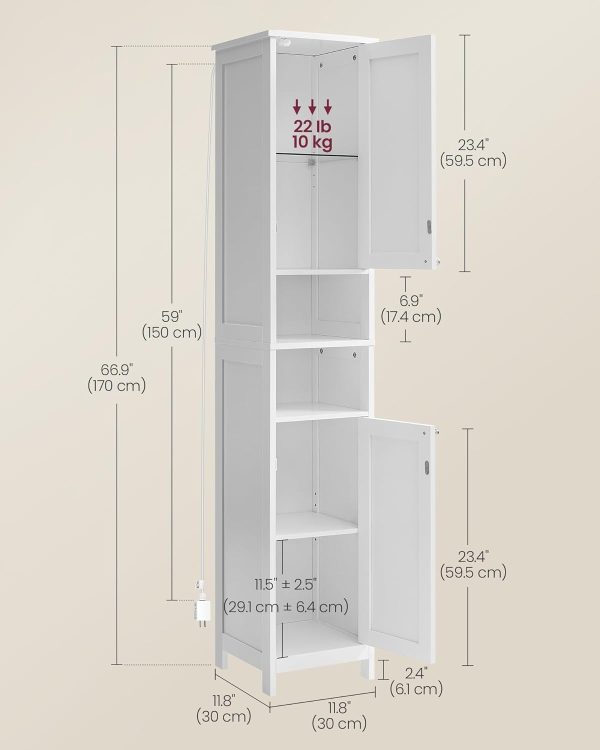 Tall Bathroom  with Lights, Slim Bathroom Storage , Freestanding   with Adjustable Shelves, for Small Spaces, Modern, 11.8 Inches Wide, Cloud White UBBC566W02 - Image 3