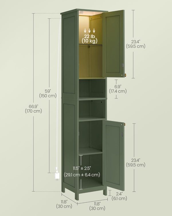 Tall Bathroom  with Lights, Slim Bathroom Storage , Freestanding   with Adjustable Shelves, for Small Spaces, Modern, 11.8 Inches Wide, Forest Green UBBC566C01 - Image 6