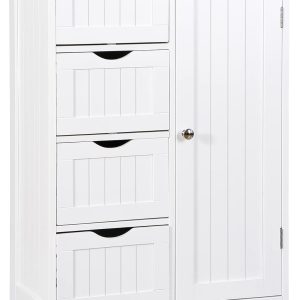 Floor Storage  with 4 Drawers and 1 Door, Freestanding Bathroom Storage , Side Storage Organizer, Entryway Unit Console Table for Bathroom, Living Room, Home Decor, White