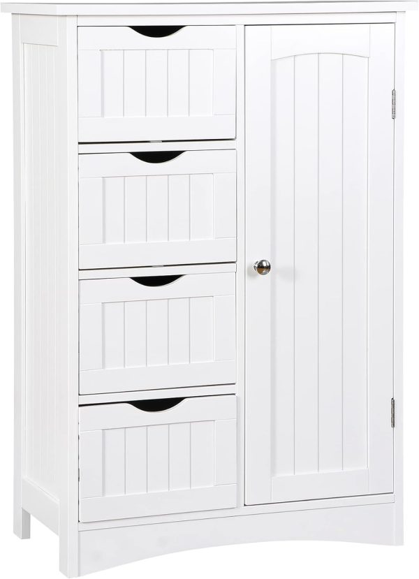 Floor Storage  with 4 Drawers and 1 Door, Freestanding Bathroom Storage , Side Storage Organizer, Entryway Unit Console Table for Bathroom, Living Room, Home Decor, White