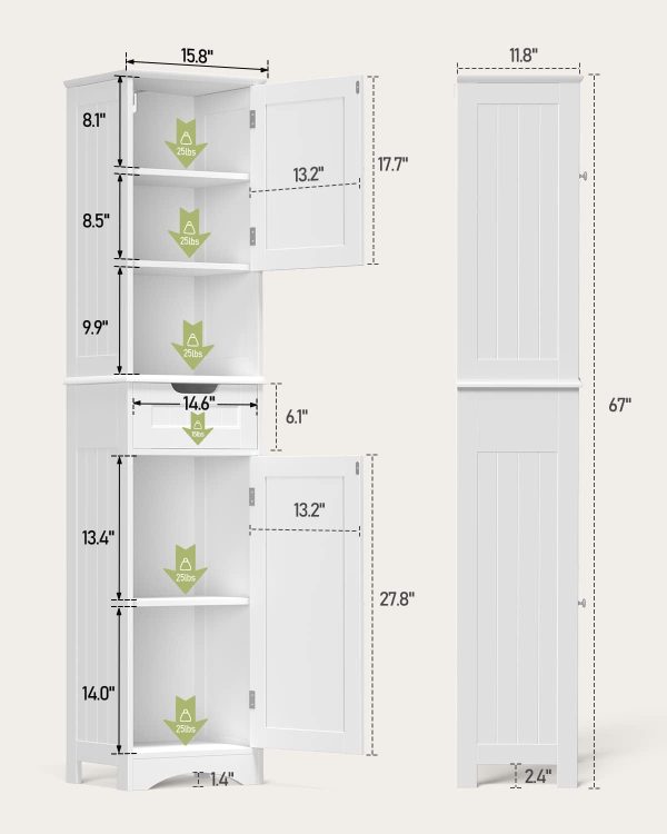 67" H Tall Bathroom Storage ,  Linen Tower Freestanding Adjustable Shelves for Home, Kitchen, Versatile, Anti-Tipping, White - Image 3