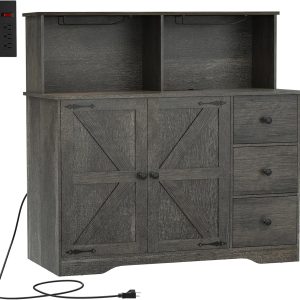 Wine ,  Coffee Bar  with Power Outlet, Sideboard Buffet  with Wine and Glass Rack & Adjustable Shelves, Home Liquor Bar, Dark Oak