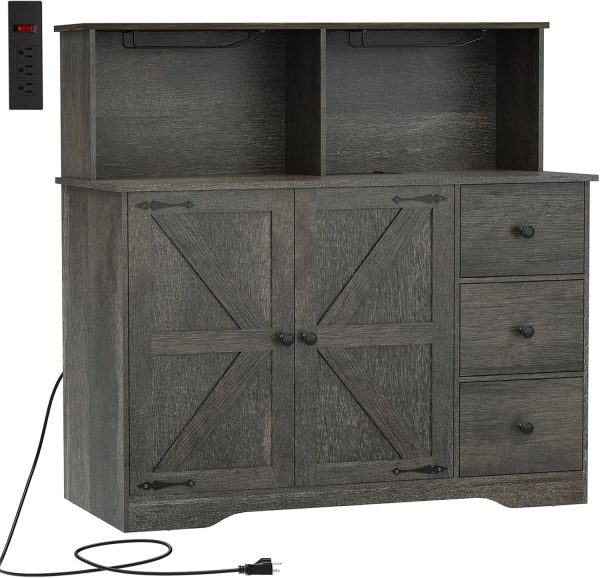 Wine ,  Coffee Bar  with Power Outlet, Sideboard Buffet  with Wine and Glass Rack & Adjustable Shelves, Home Liquor Bar, Dark Oak