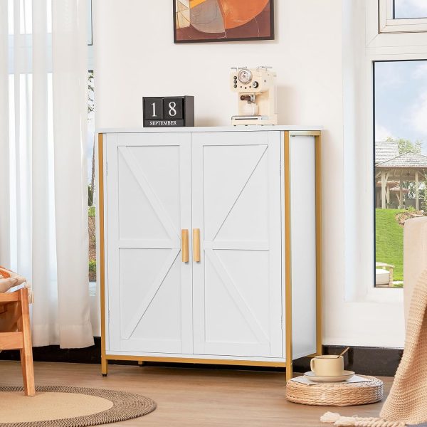 Storage ,  Floor  with 2 Doors & 1 Shelf, Storage  with Metal Frame, Buffet , for Living Room, White & Gold - Image 5