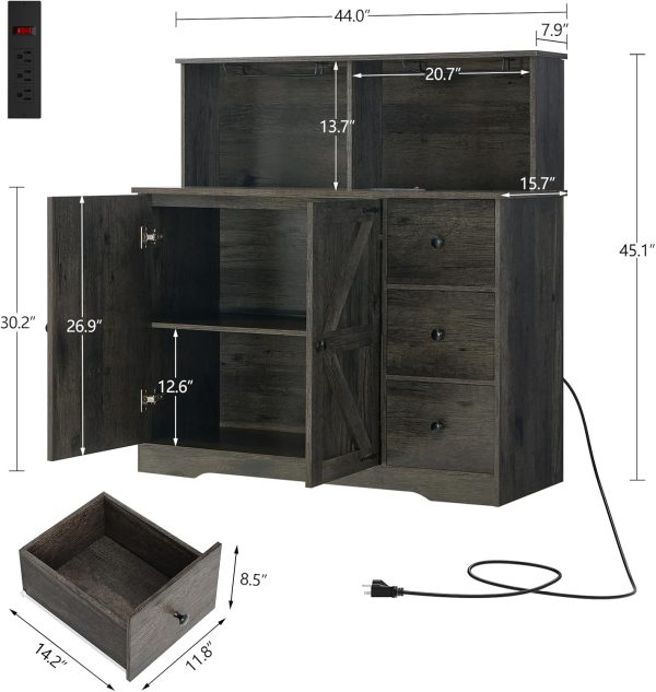 Wine ,  Coffee Bar  with Power Outlet, Sideboard Buffet  with Wine and Glass Rack & Adjustable Shelves, Home Liquor Bar, Dark Oak - Image 3