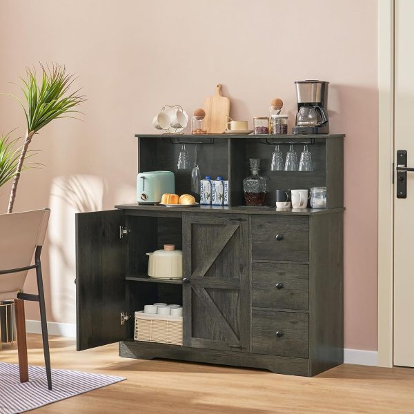 Wine ,  Coffee Bar  with Power Outlet, Sideboard Buffet  with Wine and Glass Rack & Adjustable Shelves, Home Liquor Bar, Dark Oak - Image 4
