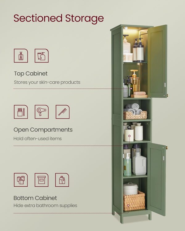 Tall Bathroom  with Lights, Slim Bathroom Storage , Freestanding   with Adjustable Shelves, for Small Spaces, Modern, 11.8 Inches Wide, Forest Green UBBC566C01 - Image 5