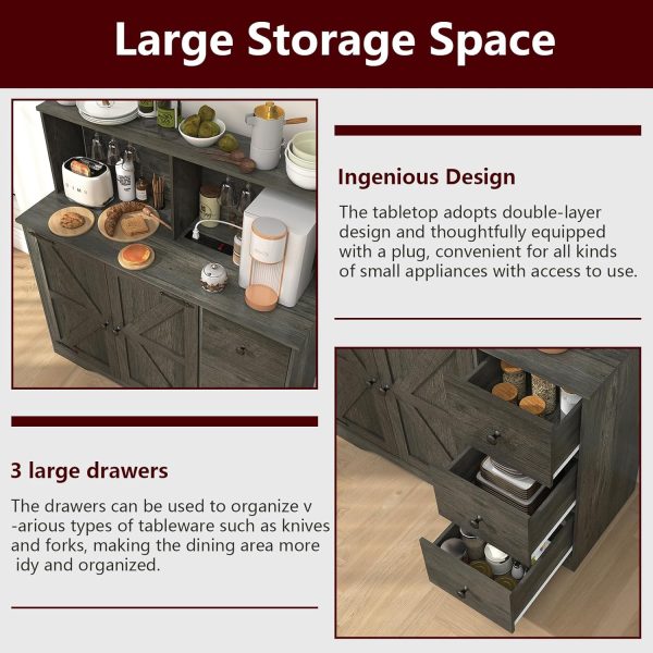 Wine ,  Coffee Bar  with Power Outlet, Sideboard Buffet  with Wine and Glass Rack & Adjustable Shelves, Home Liquor Bar, Dark Oak - Image 6