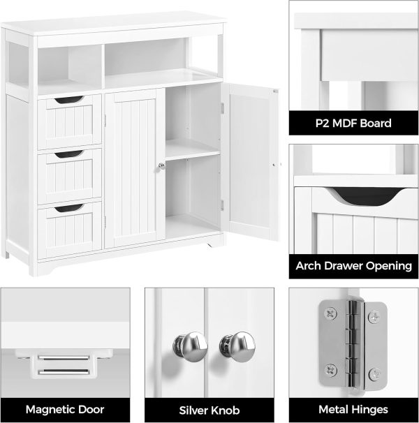 Bathroom Floor ,  Storage Organizer with 3 Drawers and 2 Open Shelves, Freestanding Storage  with a Large Bottom  for Bathroom, Living Room, Kitchen, White - Image 4