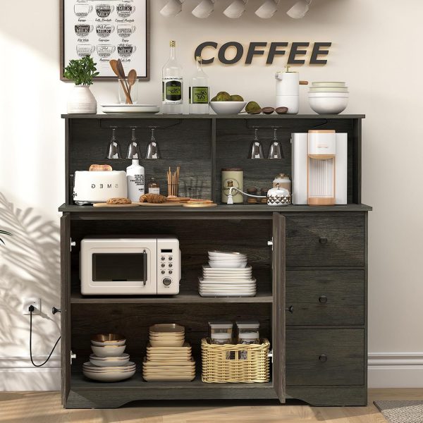 Wine ,  Coffee Bar  with Power Outlet, Sideboard Buffet  with Wine and Glass Rack & Adjustable Shelves, Home Liquor Bar, Dark Oak - Image 2