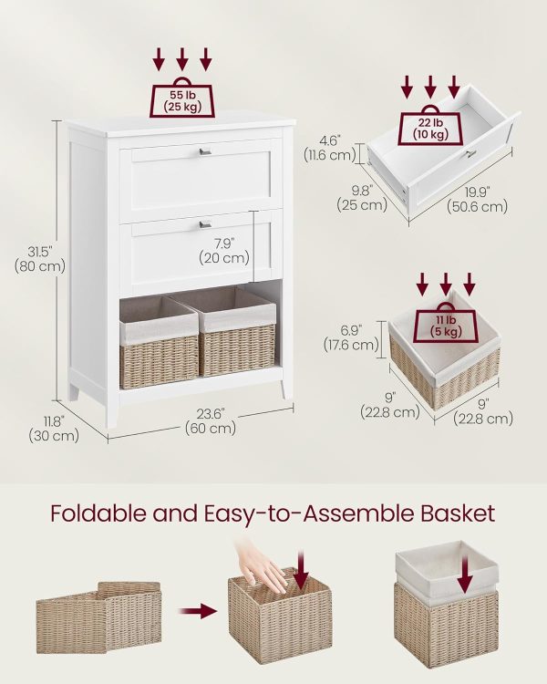 Bathroom , Storage  and Bathroom Organizers, 2 Drawers with 1 Set of Adjustable Divider, 2 Baskets, Sideboard, 11.8 x 23.6 x 31.5 Inches, Cloud White UBBC545W02 - Image 3
