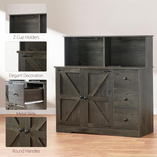 Wine ,  Coffee Bar  with Power Outlet, Sideboard Buffet  with Wine and Glass Rack & Adjustable Shelves, Home Liquor Bar, Dark Oak - Image 7