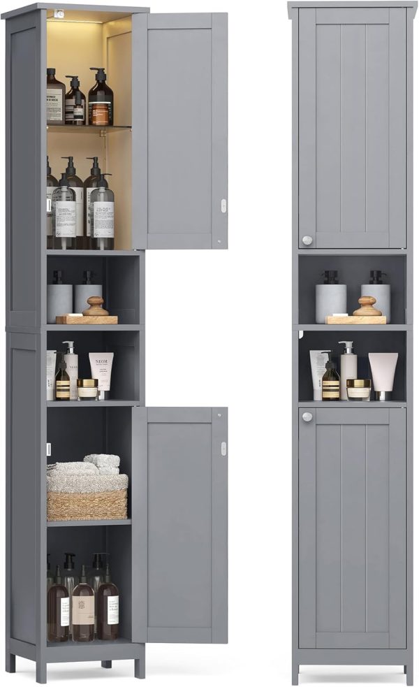 Tall Bathroom  with Lights, Slim Bathroom Storage , Freestanding   with Adjustable Shelves, for Small Spaces, Modern, 11.8 Inches Wide, Dove Gray UBBC566G02