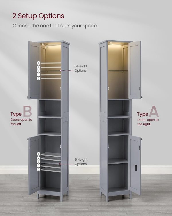 Tall Bathroom  with Lights, Slim Bathroom Storage , Freestanding   with Adjustable Shelves, for Small Spaces, Modern, 11.8 Inches Wide, Dove Gray UBBC566G02 - Image 6