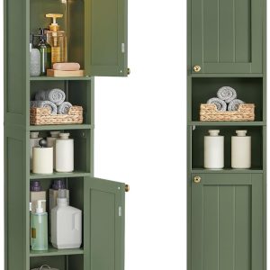 Tall Bathroom  with Lights, Slim Bathroom Storage , Freestanding   with Adjustable Shelves, for Small Spaces, Modern, 11.8 Inches Wide, Forest Green UBBC566C01