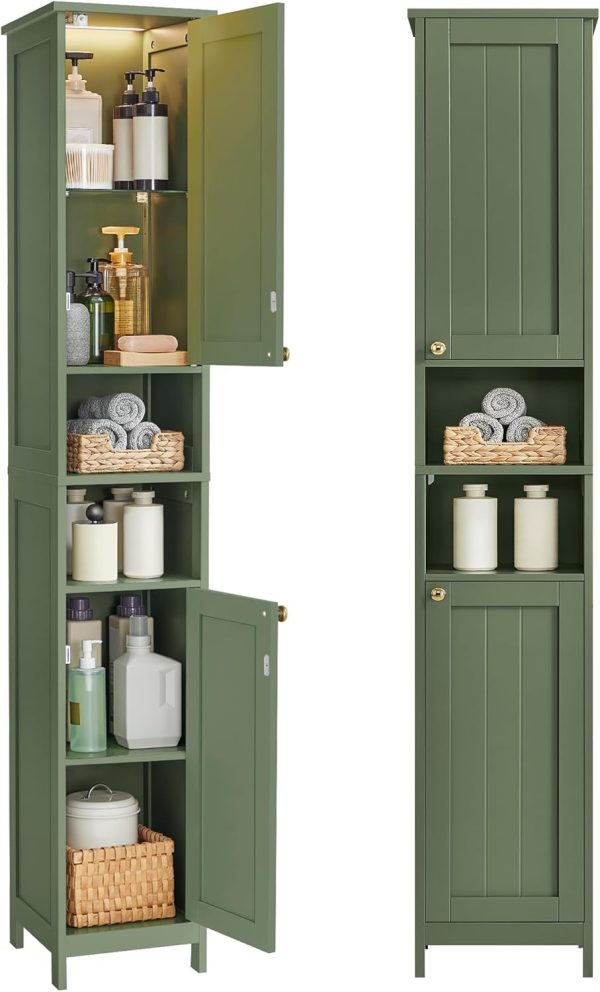 Tall Bathroom  with Lights, Slim Bathroom Storage , Freestanding   with Adjustable Shelves, for Small Spaces, Modern, 11.8 Inches Wide, Forest Green UBBC566C01