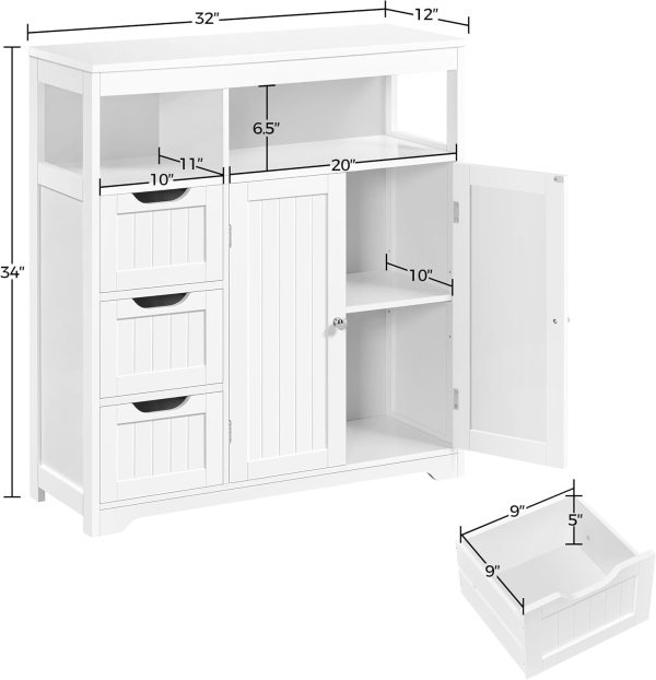 Bathroom Floor ,  Storage Organizer with 3 Drawers and 2 Open Shelves, Freestanding Storage  with a Large Bottom  for Bathroom, Living Room, Kitchen, White - Image 2