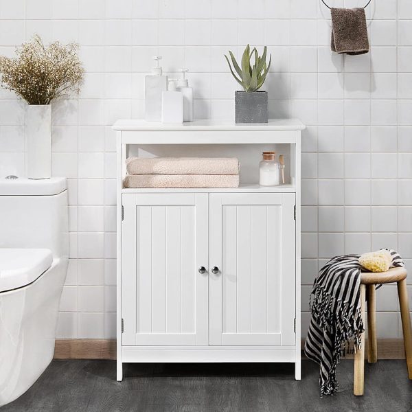 Bathroom Floor Storage ,  Free Standing Storage Organizer with 2 Doors & Adjustable Shelf for Living Room, Hallway, White - Image 2