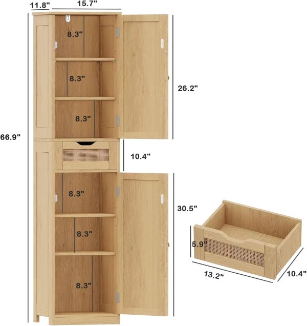 67" Tall Bathroom Floor  with 2 Door & Drawers,  Storage  with Adjustable Shelves,  Floor Storage  for Bathroom, Living Room, Entryway, Natural BMGZ113M - Image 3
