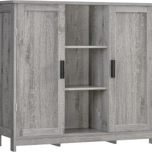 Storage  with 2 Doors and 4 Storage Shelves, Floor  for Living Room, Kitchen, Entryway, Grey
