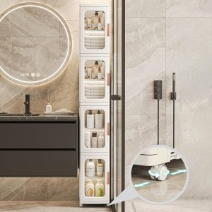 Slim Tall Bathroom Storage  with Doors and Shelves, 4-Tiers  Bathroom Storage Organizer Movable Freestanding Linen Tower  for Small Spaces, Kitchen, Living Room, White