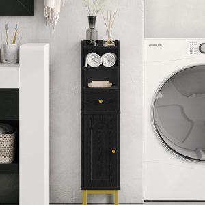Bathroom Storage , Corner Floor  with Drawers and Doors,  Toilet Paper , Bathroom Organizer with Adjustable Shelf, for Small Spaces, Black, BC19804G