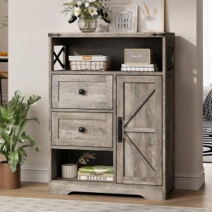 Storage  with 2 Drawers & Shelves,Freestanding Storage  with Doors & Open Storage,Floor Storage  for Living Room,Bathroom,Kitchen,Laundry,Grey