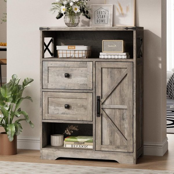 Storage  with 2 Drawers & Shelves,Freestanding Storage  with Doors & Open Storage,Floor Storage  for Living Room,Bathroom,Kitchen,Laundry,Grey