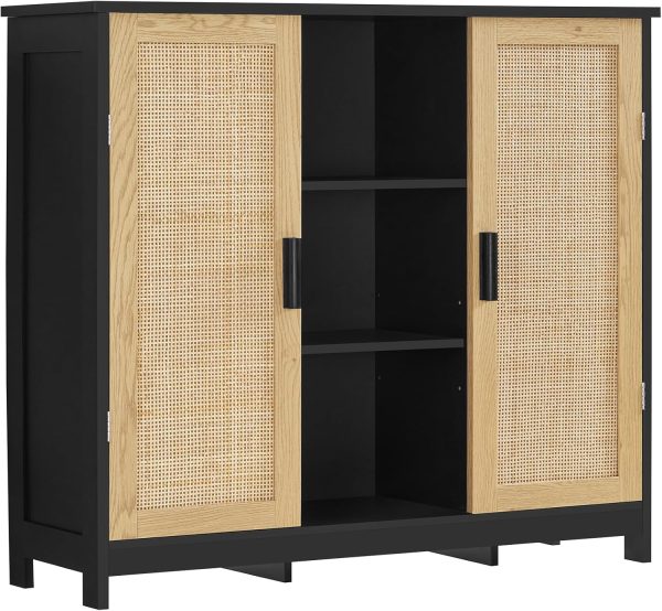 Storage ,   with 3 Adjustable Shelves, Credenza Buffet , Coffee Bar , Accent  for Living Room, Entryway, Black+Natural