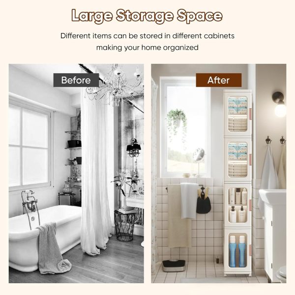 Slim Tall Bathroom Storage  with Doors and Shelves, 4-Tiers  Bathroom Storage Organizer Movable Freestanding Linen Tower  for Small Spaces, Kitchen, Living Room, White - Image 6