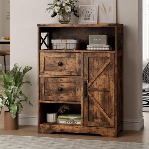 Storage  with 2 Drawers & Shelves,Freestanding Storage  with Doors & Open Storage,Floor Storage  for Living Room,Bathroom,Kitchen,Laundry,Brown